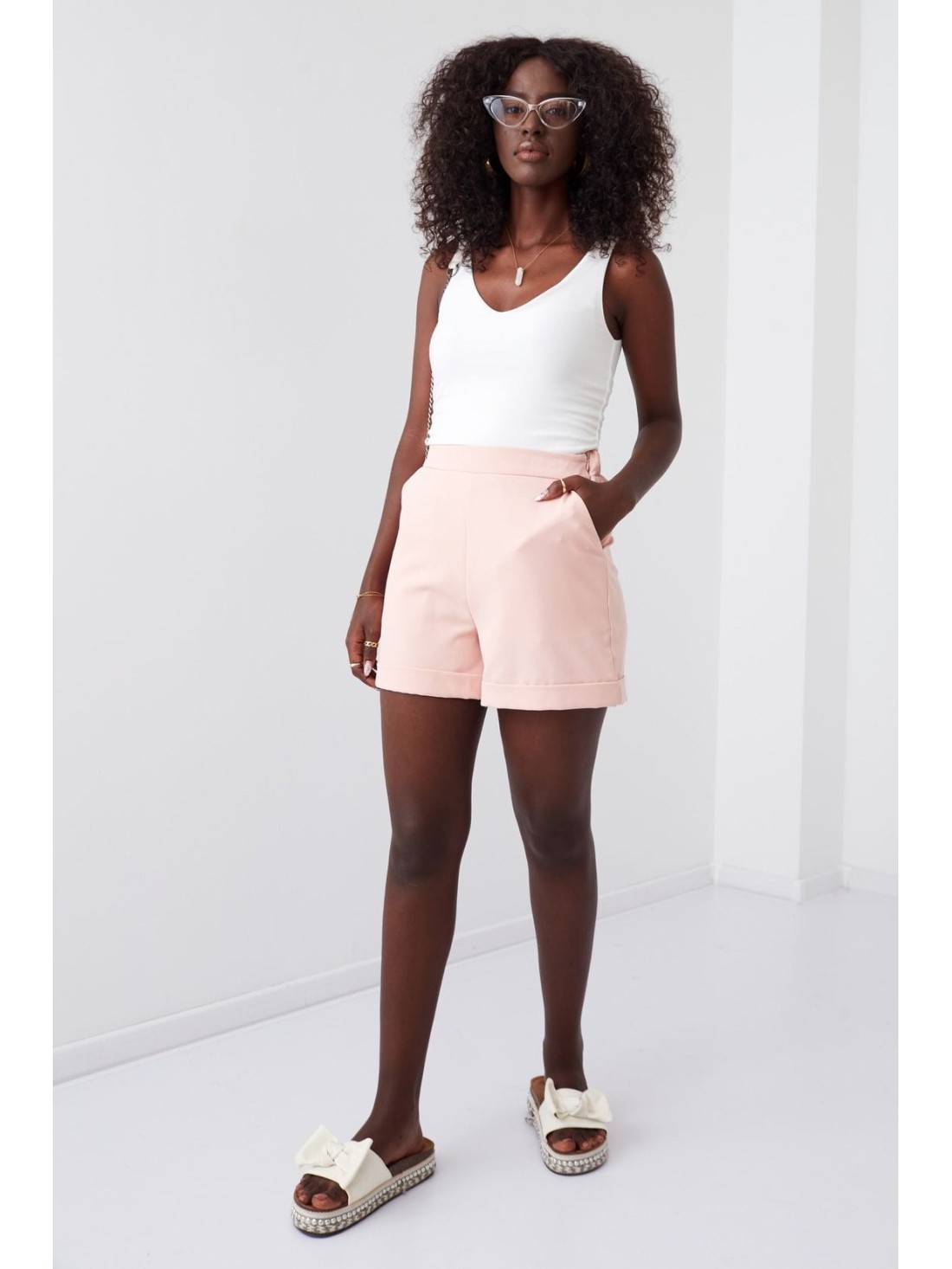 Smooth high-waisted shorts, powder blue 50400 - Online store - Boutique